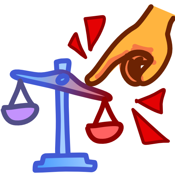 A blue equal arm balance scale is tipped to the right. The left pan is purple, the right red, and the beam they hang from grades from blue to red. A yellow hand  resting the tip of one finger against the scale is responsible for this tip. Red Emphasis triangles  sit around the hand. The image has dark line art